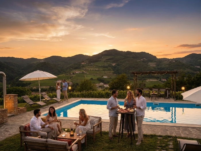 Aperitivo al tramonto vicino alla piscina di Tenuta MonteOliveto